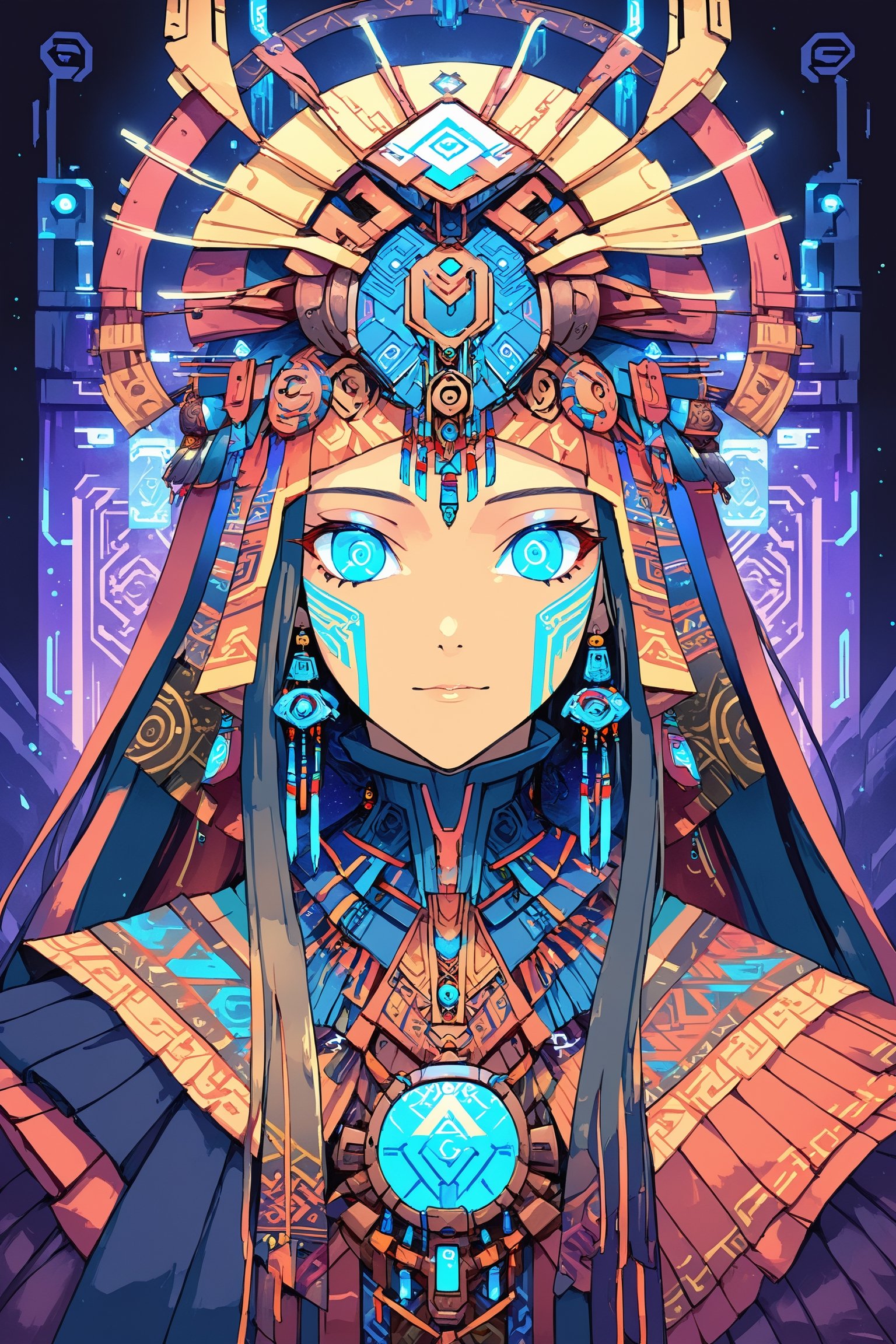 Churnstyle,cyberpunk,tarot card,4K UHD,studio ghibli style,neo-aztec,high-tech lowlife, ,nocturne,breakdomain,portraitart,portrait art style