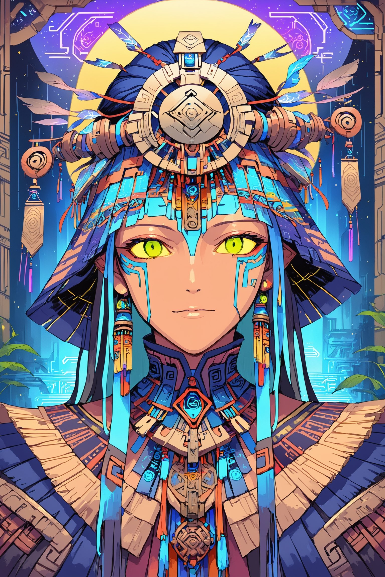 Churnstyle,cyberpunk,tarot card,4K UHD,studio ghibli style,neo-aztec,high-tech lowlife, ,nocturne,breakdomain,portraitart,portrait art style