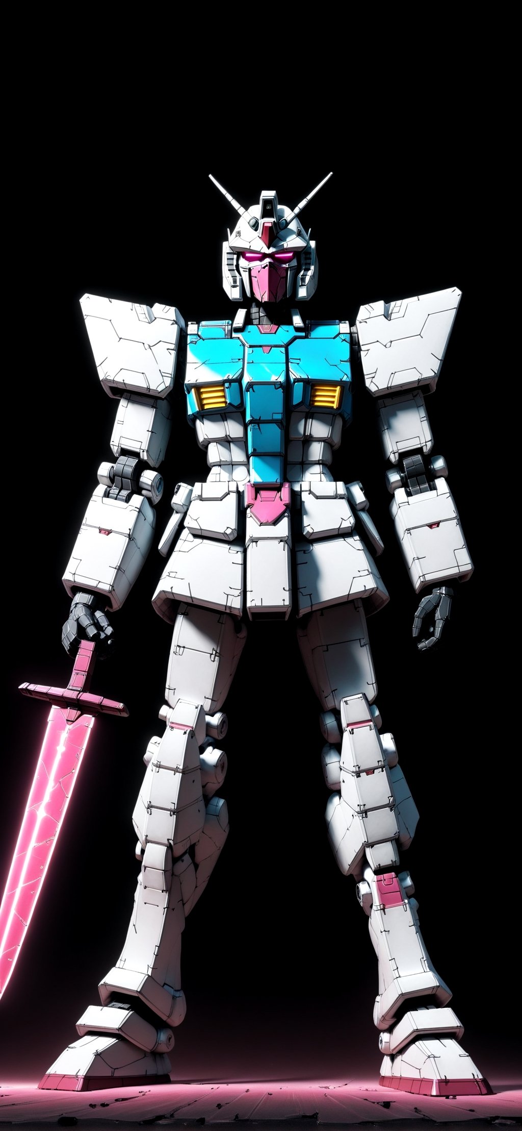 Cyberpunk aesthetic, grandpas.Gundam standing in front of pyramids, highly realistic, black background, beam.sword, shield, gundam head