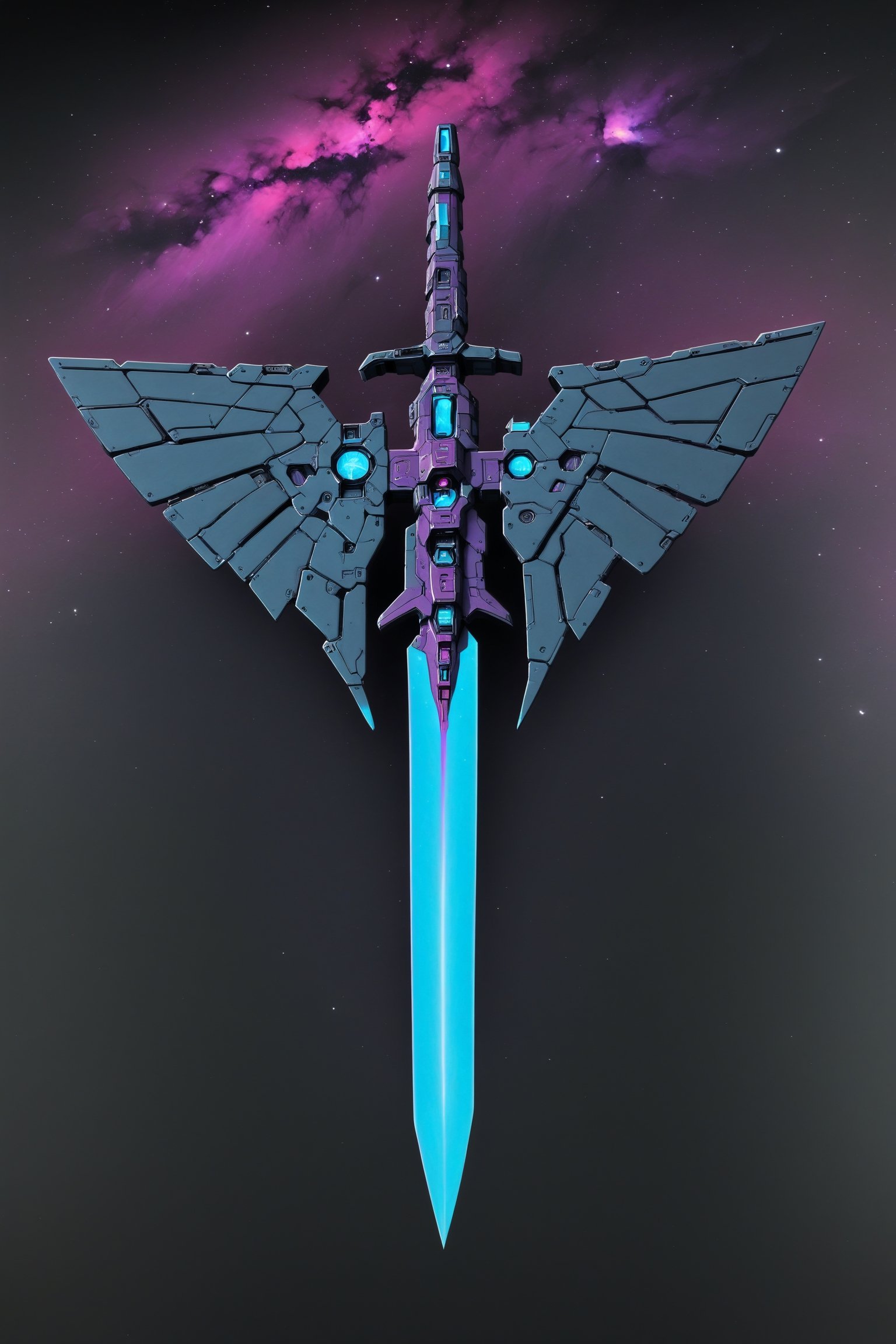 Gundam.Vidar, raven_wings, gray purple cyan magenta, black starry sky background, graffiti, symmetrical, lunar moth ,Gundam,shadowrun_character,shield,beam.sword,laser.rifle,shadowrun_dungeon,shadowrun_surface