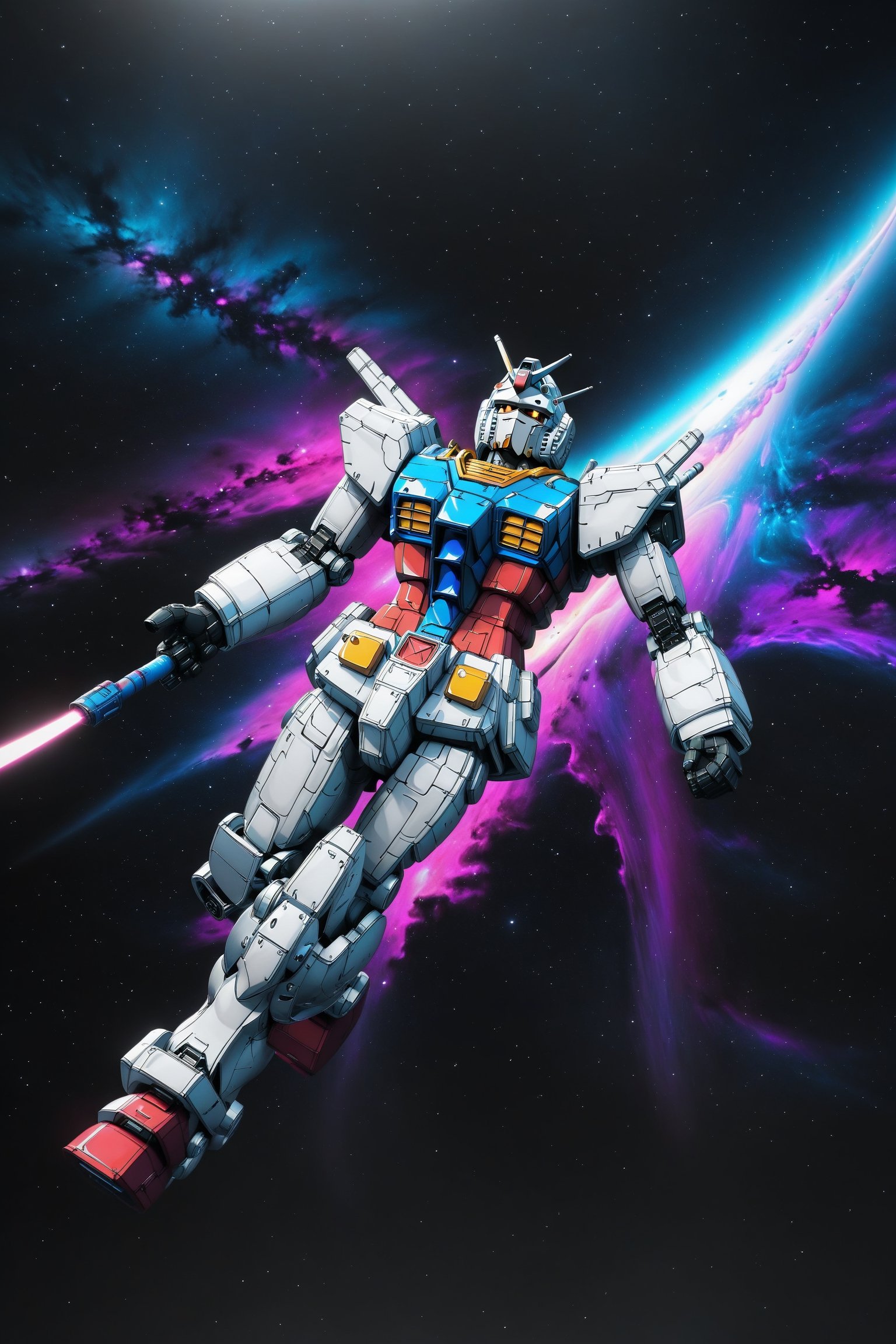 Hyper realistic, closeup, Gundam flying through space, realistic matte and glossy metal textures, background of black swirling night's sky with stars planets and galaxies, beam.sword, shield,vaporwave aesthetic,purple cyan magenta,digital artwork by Beksinski, 