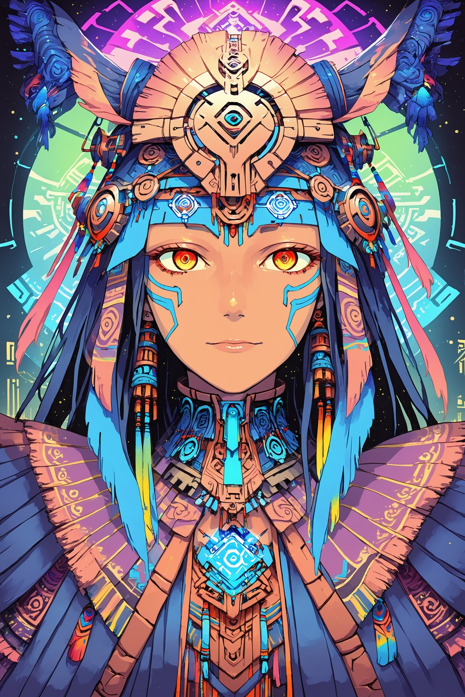 Churnstyle,cyberpunk,tarot card,4K UHD,studio ghibli style,neo-aztec,high-tech lowlife, ,nocturne,breakdomain,portraitart,portrait art style