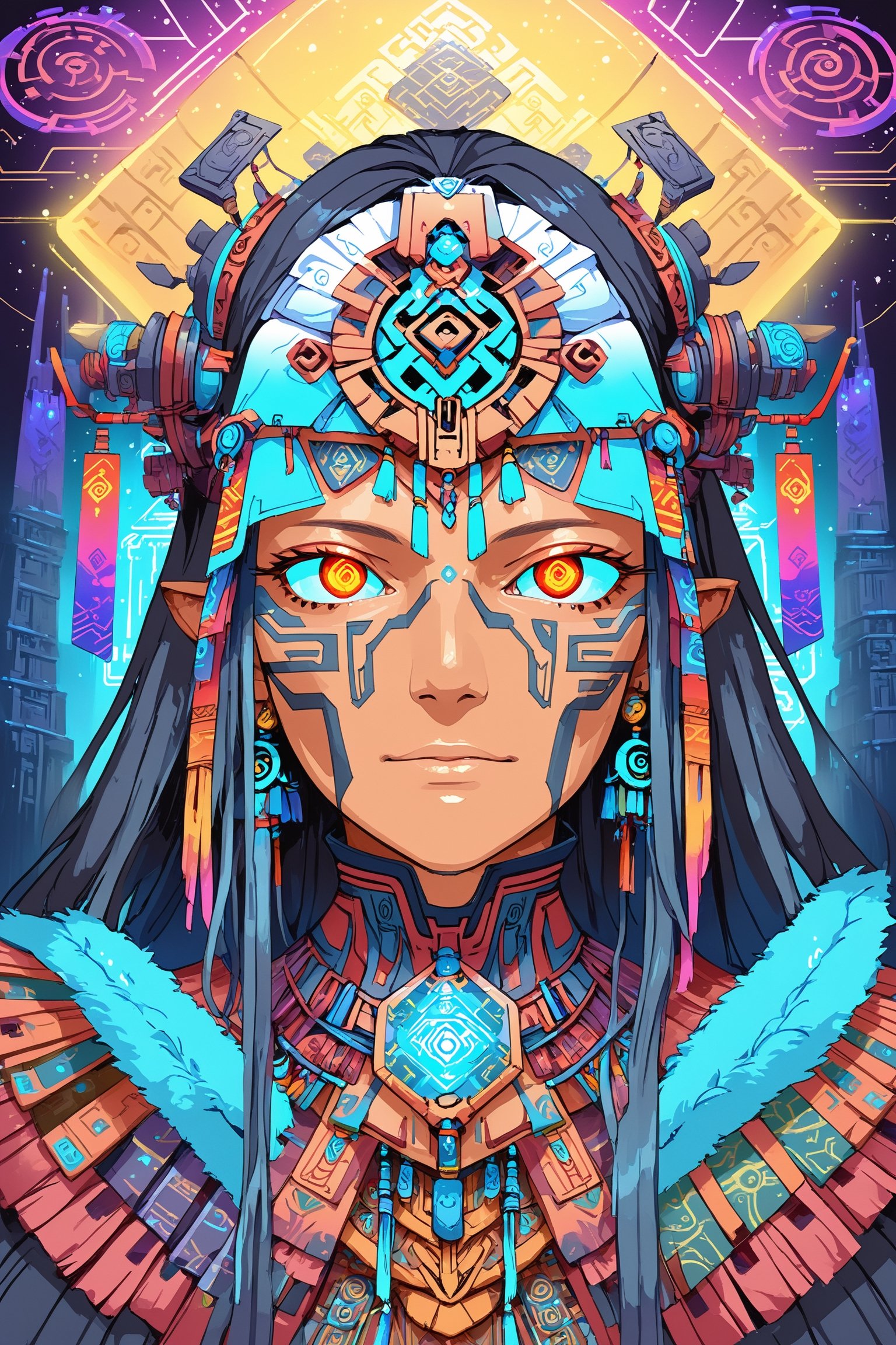 Churnstyle,cyberpunk,tarot card,4K UHD,studio ghibli style,neo-aztec,high-tech lowlife, ,nocturne,breakdomain,portraitart,portrait art style