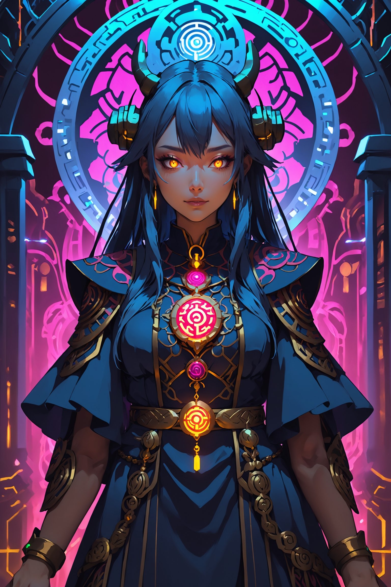 Churnstyle,cyberpunk,tarot card,4K UHD,studio ghibli style,neo-aztec,high-tech lowlife, ,nocturne,breakdomain,portraitart,portrait art style