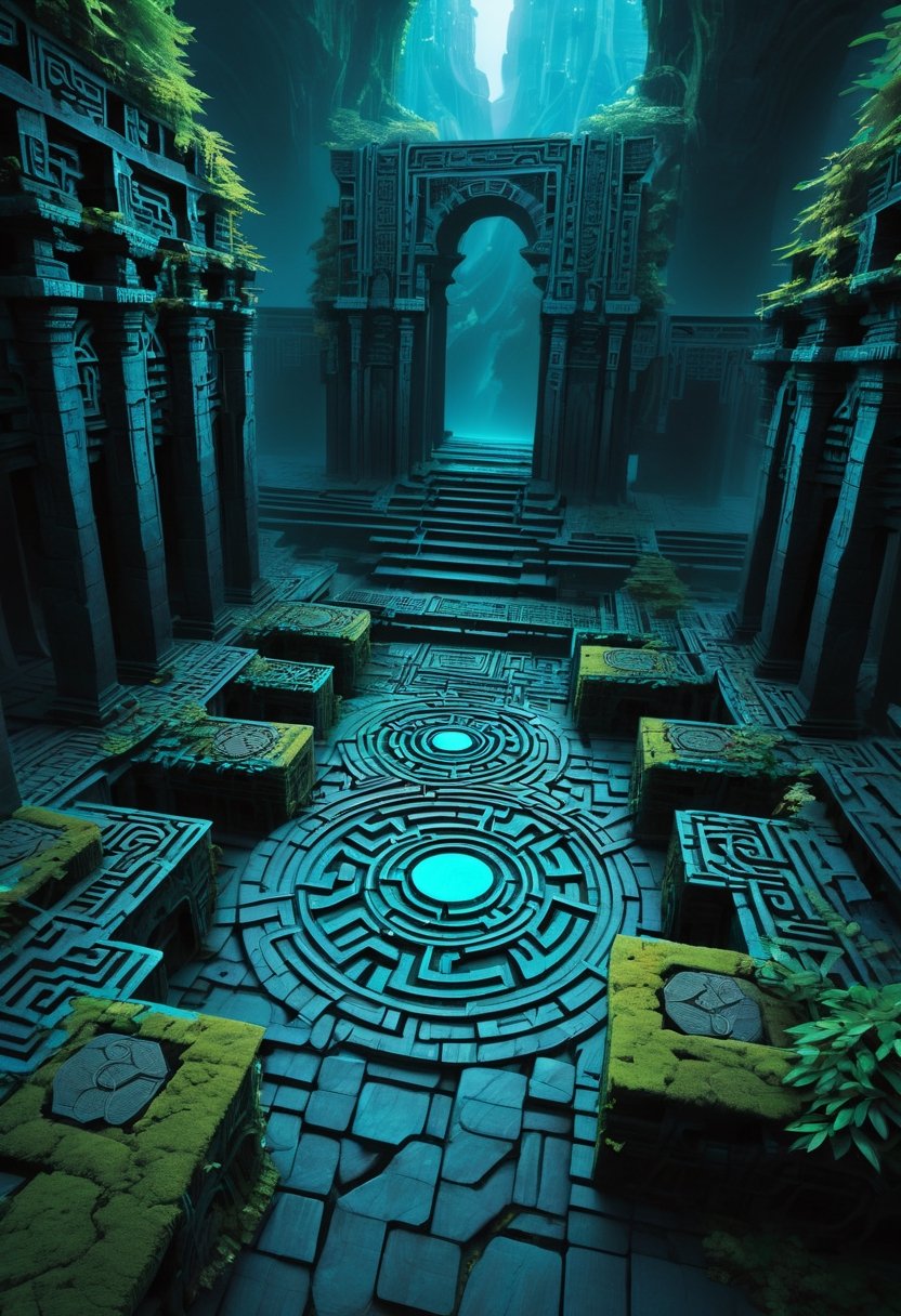 shadowrun_surface,niji style,arcane ruins,cyan hedge maze, ancient temple, smooth reflective black stone surfaces 