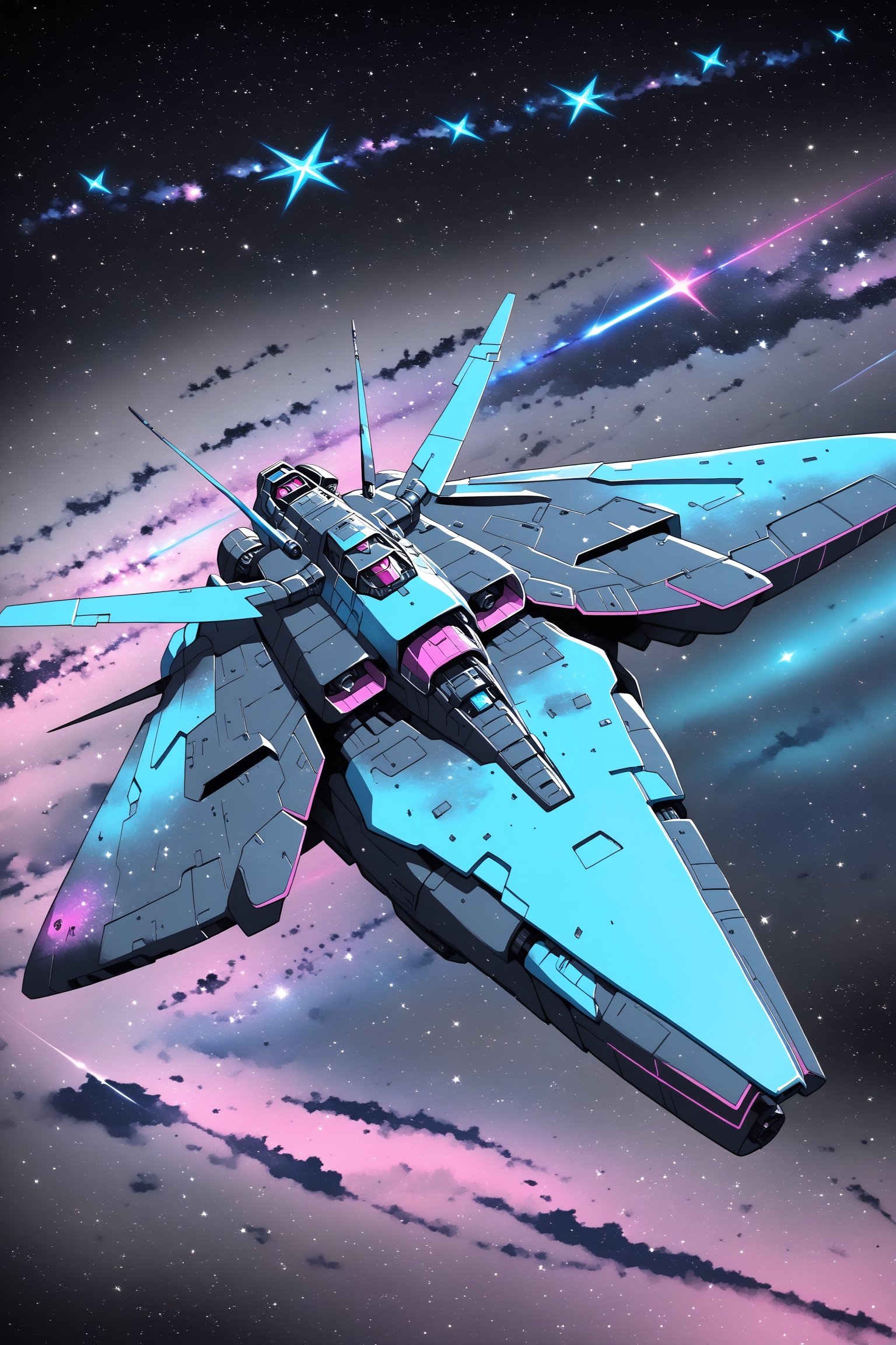 Gundam.Vidar, moth, gray purple cyan magenta, black starry sky background, graffiti 