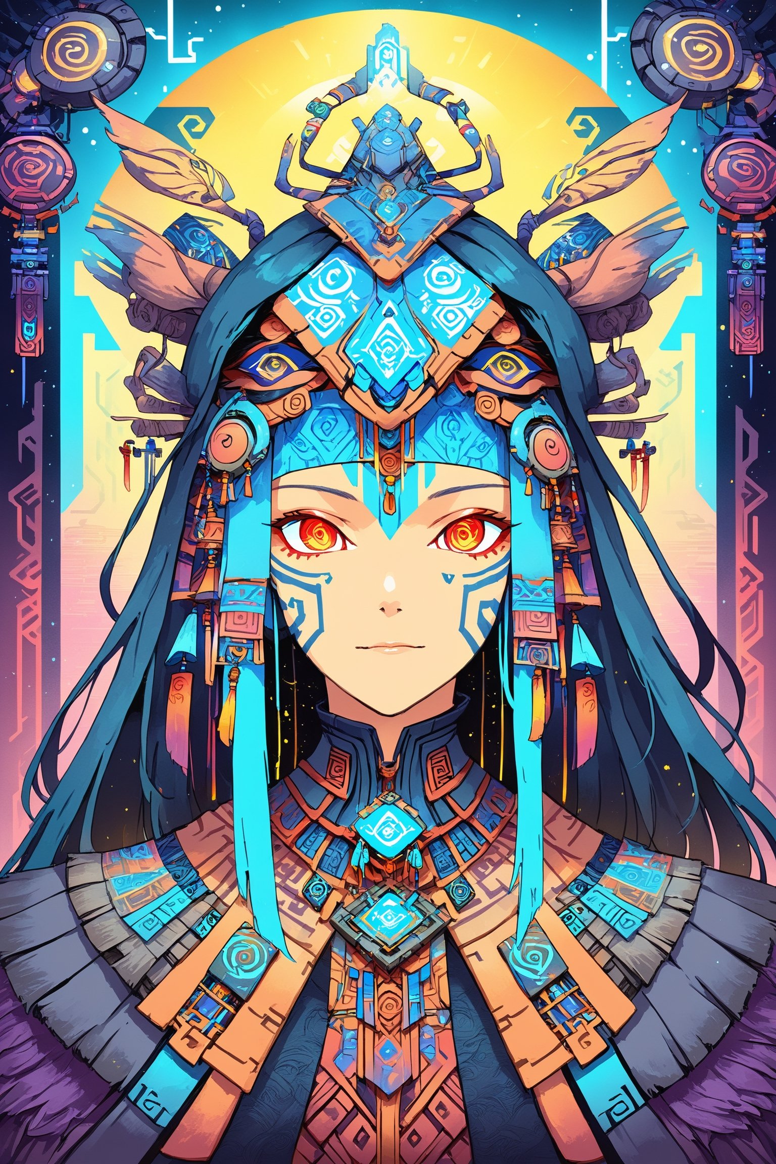 Churnstyle,cyberpunk,tarot card,4K UHD,studio ghibli style,neo-aztec,high-tech lowlife, ,nocturne,breakdomain,portraitart,portrait art style