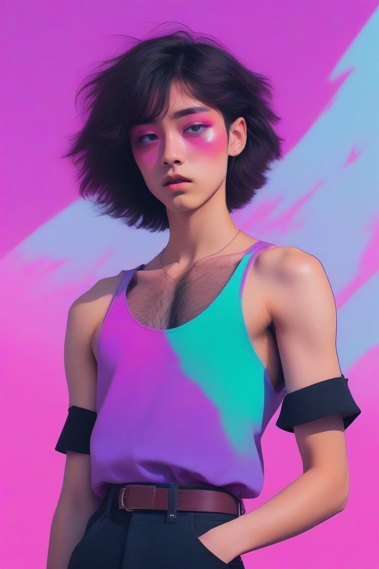 Genderless, hairy, flat_chest,eyes shoot, vaporwave color palette