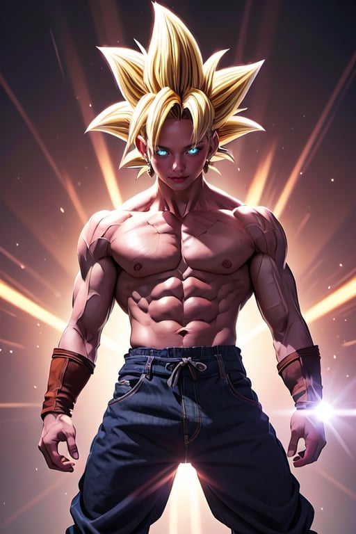 Ultra instinct goku dragon ball z, anime art, (dragon ball z), masterpiece, best quality, highres, fighting pose, angry expression, perfect hands, solo, spikes hair, yellow hair, brown eyes, standing cowboy shot, lens flares,Pastel Anime
