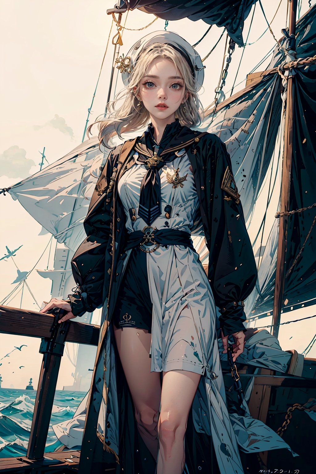 (masterpiece)  A seasoned sailor, standing at the helm of a ship, navigating through stormy seas with a map in hand. The character's expression should convey determination and focus as they chart their course through rough waters.

The sailor is dressed in traditional maritime attire, wearing a well-worn but sturdy captain's coat that billows in the wind. The coat is adorned with nautical symbols and patches that hint at previous voyages and maritime achievements. Underneath, they wear practical, salt-stained clothing suitable for the rigors of life at sea.

Their hands, calloused and roughened by years of handling ropes and sails, grip the ship's wheel with a firm and confident hold. The sleeves of their coat are rolled up, revealing strong, weather-beaten forearms that showcase the physical strength required for a life on the open sea.

A wide-brimmed hat shields the sailor's face from the driving rain, with strands of salt-soaked hair escaping from beneath. Their face is etched with wrinkles, telling tales of countless adventures and challenges faced on the high seas. The sailor's eyes, however, gleam with a spark of determination and wisdom, revealing the resilience that comes from navigating through storms both literal and metaphorical.

Around the sailor's neck hangs a compass on a weathered chain, a symbol of their unwavering commitment to charting a course through uncharted waters. The compass needle points true, guiding them through the storm with a blend of skill and intuition.

Overall, the seasoned sailor exudes a timeless, seafaring charm, embodying the archetype of a master navigator who has weathered the harshest seas and emerged stronger and wiser.(Miho Hirano art),Redayana