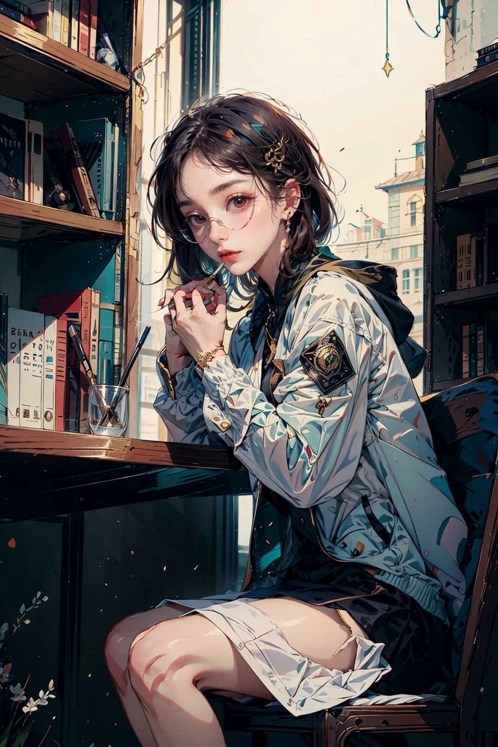 Envision an adorable and playful scene: A cat sits in front of a bookshelf, adorned with glasses and a vintage jacket, resembling an intellectual little princess