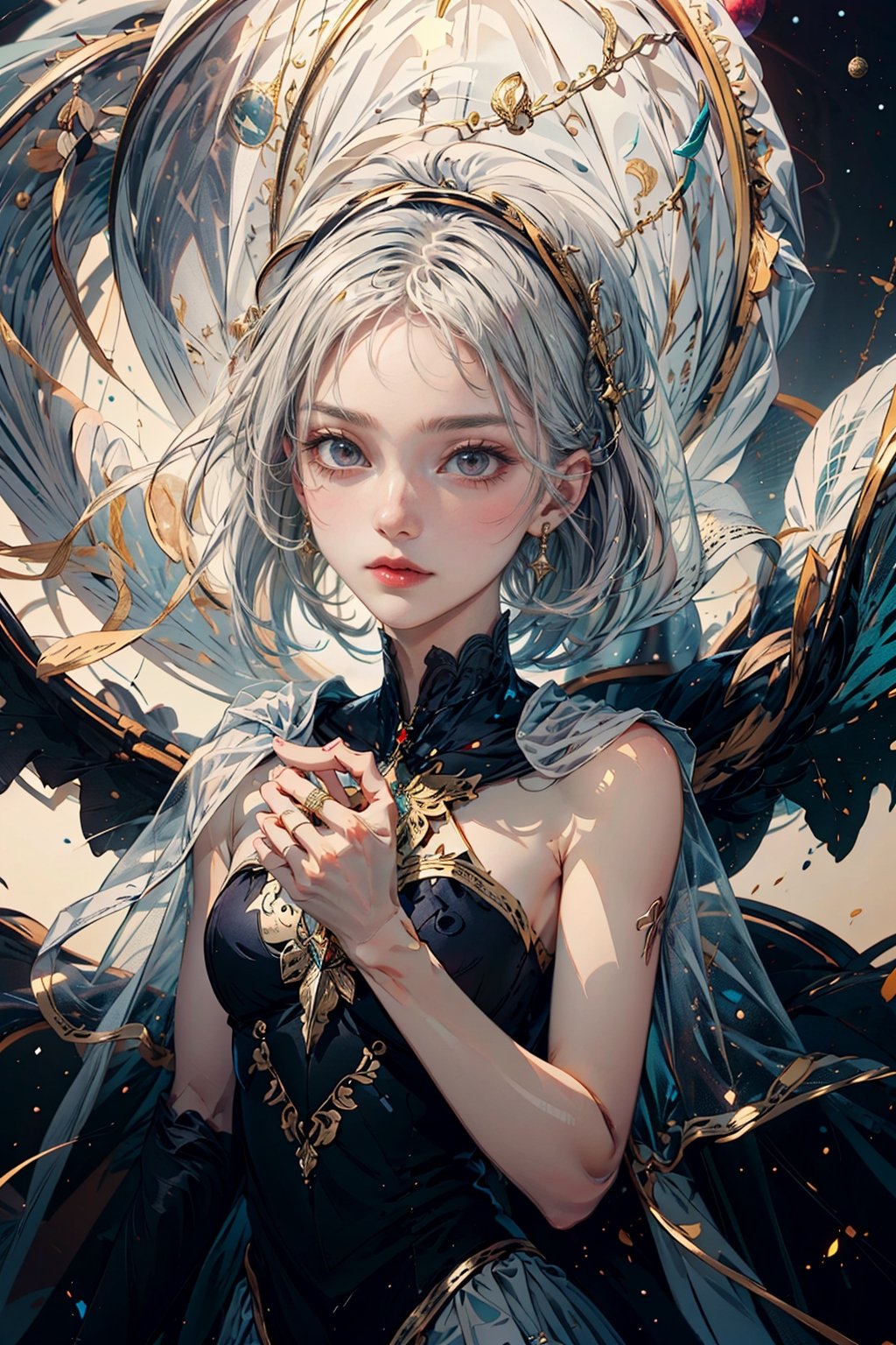 {{{masterpiece}}}, {{{best quality}}}, {{ultra-detailed}}, {illustration}, {{an extremely delicate and beautiful}},(1girl),(((planet))), silver hair, , ((gold eyes)),spread arms,outstretched hand,veil,glowing wings,bored,petite