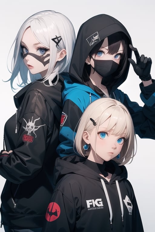 High detailed ,midjourney,perfecteyes,Color magic,,piercing, multiple_girls, 2girls, hood, hooded_bodysuit, mask, blonde_hair, jacket, bodysuit, black_hair, animification, superhero, v, piercing, spider_web_print, looking_at_viewer, hair_ornament, mouth_mask, blue_eyes, hairclip, medium_hair, hood_up, black_eyes, earrings, jewelry, hoodie, gloves, free style,horror (theme),portrait,realistic,Mechagirl,midjourney,illustration,ASU1,fcloseup,rgbcolor