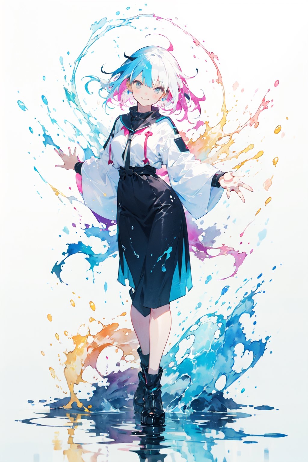 white background, (multicolored background, ink, colorful:1.2), straight-on, 1girl, solo, cute face, light blue hair, floating hair, timid smile, closed mouth, standing, arms behind back, (splashing), watercolor, (nice hands, perfect hands, detailed hands)