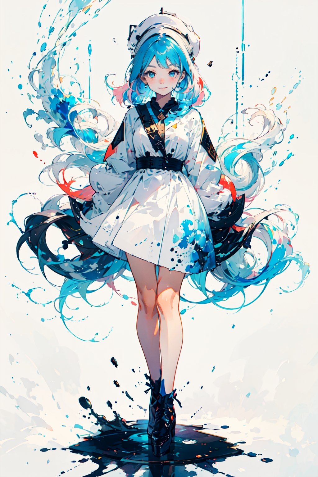 white background, (multicolored background, ink, colorful:1.2), straight-on, 1girl, solo, cute face, light blue hair, floating hair, timid smile, closed mouth, standing, arms behind back, (splashing), watercolor, (nice hands, perfect hands, detailed hands),Redayana