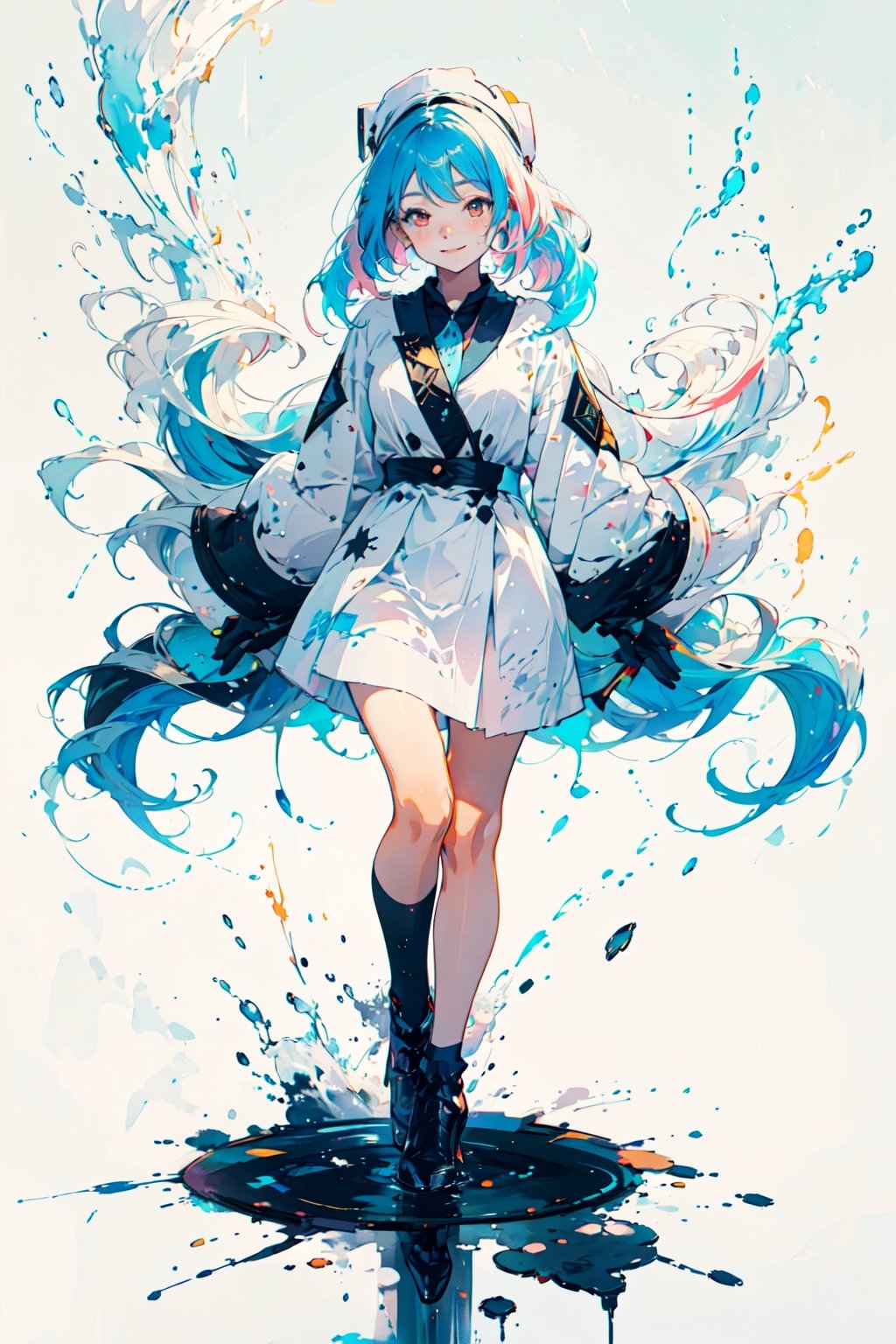 white background, (multicolored background, ink, colorful:1.2), straight-on, 1girl, solo, cute face, light blue hair, floating hair, timid smile, closed mouth, standing, arms behind back, (splashing), watercolor, (nice hands, perfect hands, detailed hands),Redayana