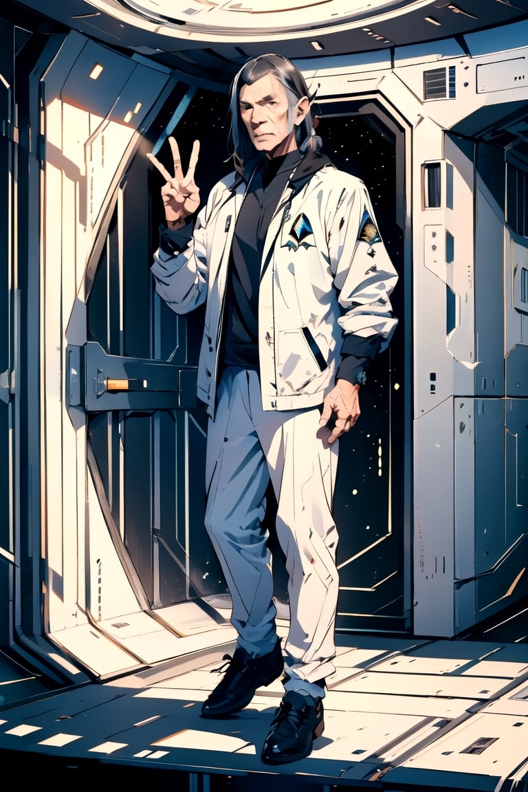 ((Leonard Nimoy as Mister Spock of Star trek, )) ((full body view.)) ((inside the Enterprise with its peace and prosperity hand sign)), (Masterpiece, Best Quality), (finely detailed eyes), (finely detailed eyes and detailed face), (extremely detailed CG, Ultra detailed, Best shadow), Beautiful conceptual illustration, (illustration), (extremely fine and detailed), (Perfect details), (Depth of field)