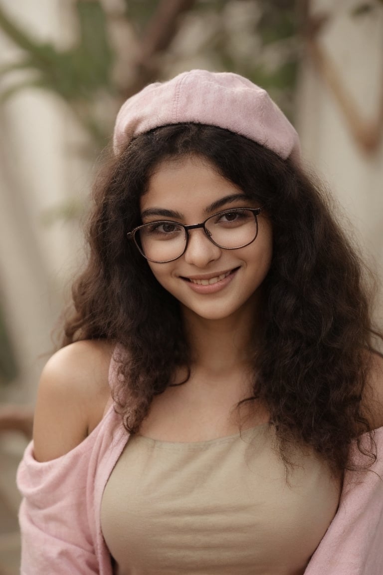 a  young teenage woman, (Open Shoulder-length hair),Happy laughter, head lowered with a view of the camera, with one hand she strokes hair from her face, fashion theme, soothing tones, muted colors, high contrast, (natural skin texture, hyperrealism, soft light, sharp), wearing pink hoodie with cap  and jeans,Mallu curly hair,study glasses , looking-at-camera,same study glasses 