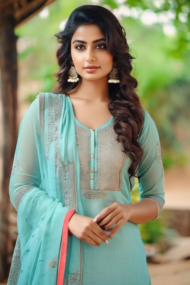 Simple and charming Girl, 20-25, cute and attractive, round face, innocent face,sky blue suit and salwar , curly hair, hourglass figure. Confident pose with a camera or smartphone. Realistic portrait in casual attire, natural look with minimal makeup, no lipstick, looking straight, traditional outfit in village farms





