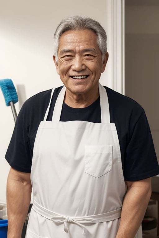 Man's face, old man's face, looking at viewer, simple background, black hair, upper body, smile, apron, reality, cleaner, holding mop, old man, sweeper, cleaning tools, detail, cleaning supplies,Asian