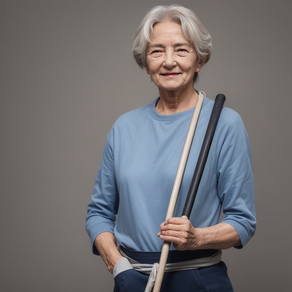 Generate an image of an elderly woman with dark hair, looking at the viewer, set against a simple background. Show her upper body to the waist, with a small smile, visible wrinkles, and holding a mop. She should be dressed as a cleaning worker. Ensure correct human anatomy. One person in the image, r
