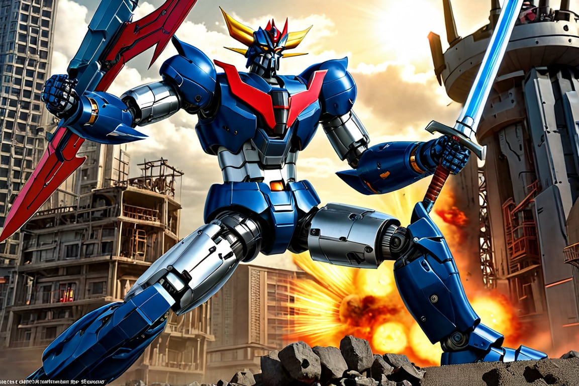 Majinga style, 70s anime, giant mecha, Great Mazinger, intrinsic details,  mechanical joints, realistic, outdoors, 4k, dynamic pose, extremely detailed, metallic texture,  glowing eyes, full body, highly detailed, masterpiece, best quality, masterpiece, highly detailed, ultra-detailed,(blue sky:1.1), cloud, holding_weapon, a (((mecha))) with sleek and menacing design, (mecha armor:1.5),glowing ,heroic parts, mechanical parts, (long legs:1.5),robot joints,(huge shield:1.2),(battle-ready:1.2),(powerful stance:1.3),(Detailed eye description:1.2),(huge mechanical weapon:1.3),(detailed armor description:1.2),(detailed shield description:1.2),(detailed weapon description:1.2),(holding sword :1.3) BREAK building, glowing_eyes, science_fiction, city, realistic, fortress of science, 