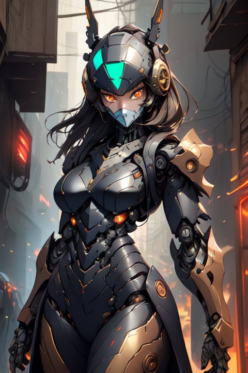 In a gritty, smoke-filled alleyway, a sylphlike female cyborg soldier stands tall, dressed in a sleek, tactical armored trench coat with built-in exoskeleton. The coat's open front reveals a form-fitted armor plated under suit with waist cutouts, beautifully engraved with intricate details. The character's mechanical arms and legs are toned, with mecha muscles rippling beneath the surface. Their full head helmet features narrow orange eyes, gazing directly at the viewer. Brass metal armor and brown leather adorn their cybernetic physique, exuding an androgynous charm. Depth of field, cinematic lighting, and chromatic aberration enhance the image's texture and realism, as if captured in a high-resolution 8K masterpiece.,Technology