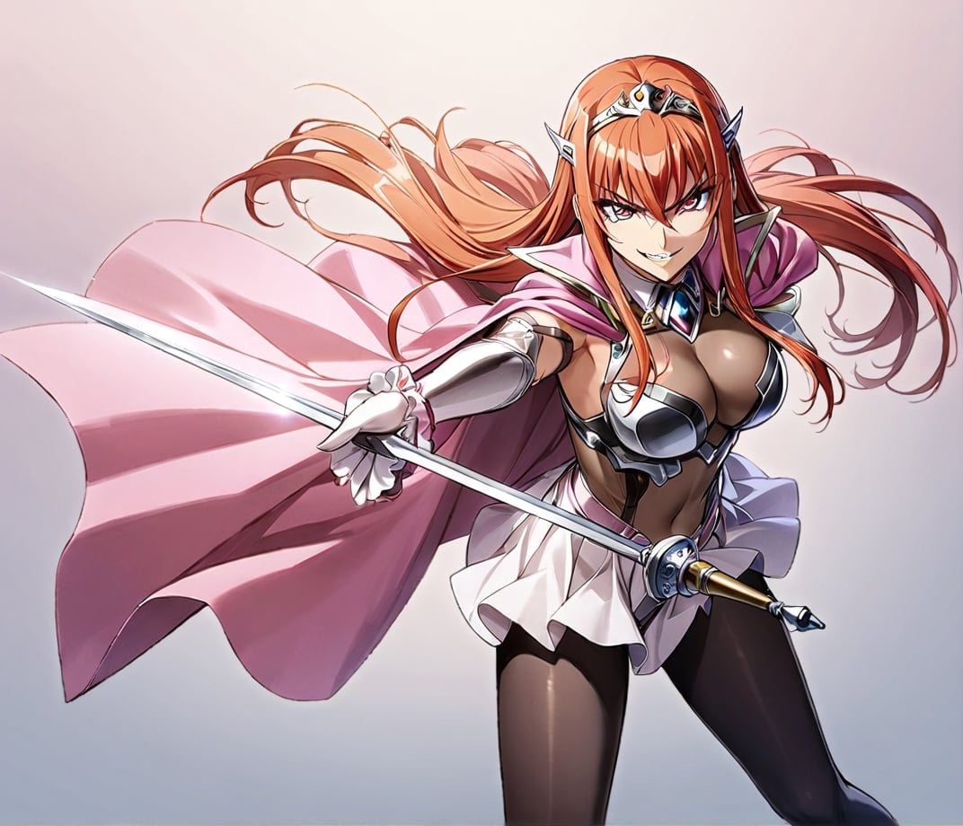 1girl, Maya Cordelia, solo, masterpiece, solo, tiara, official art, holding rapier, rapier, looking at viewer, v-shaped eyebrows, evil smile, see-through impossible bodysuit, wrist cuffs, elbow gloves, black pantyhose, pink cape, gradient background, simple background, ,glitter