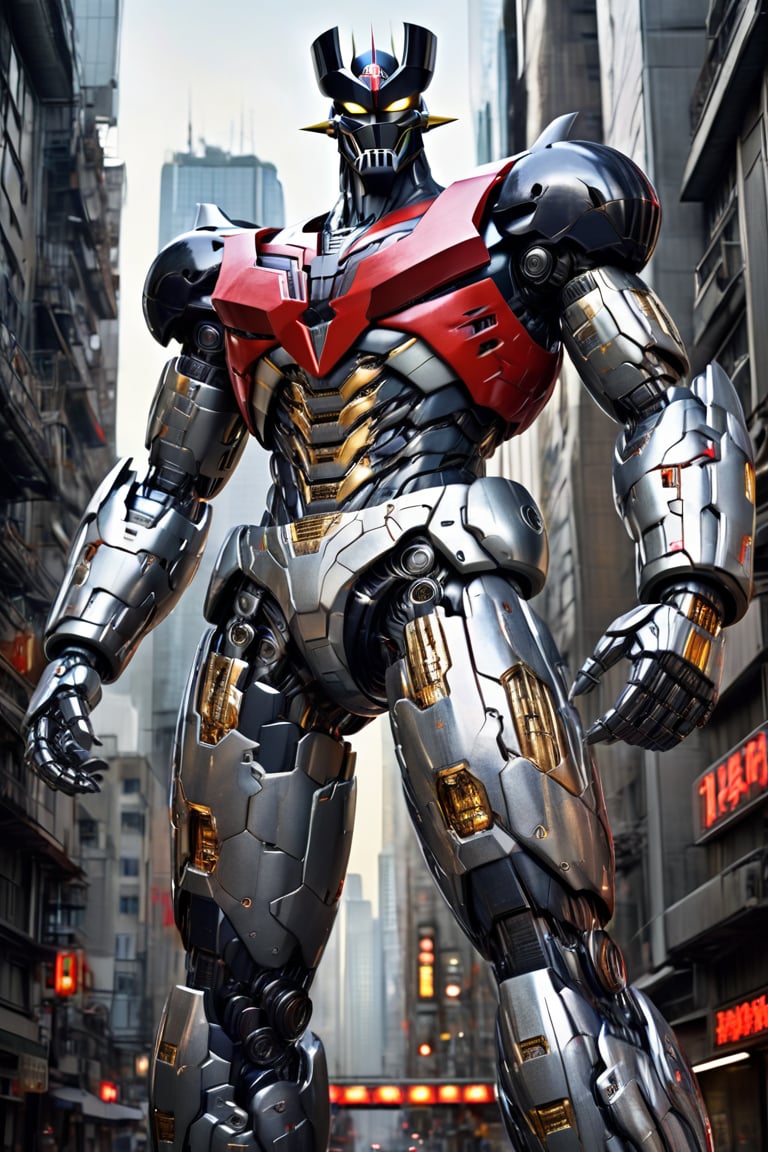 giant mecha, ((mazinger z)), oudoors (a composite layered chest armor), fully enclosed shoulder guards, matching arm and leg guards, the belt is adorned with Z mark, (the color scheme is primarily white with red and black accents), the design balances heavy with agility, a high-tech bio-mecha armor, (Armor Concept Inspired by Mazinger Z, stand on the top of a skyscraper in a futuristic sci-fi city), this character embodies a finely crafted fantasy-surreal style armored hero in anime style, exquisite and mature manga art style, (battle damage, element, plasma, energy, the armor glows), ((male:1.5)), metallic, real texture material, dramatic, high definition, best quality, highres, ultra-detailed, ultra-fine painting, extremely delicate, professional, perfect body proportions, golden ratio, anatomically correct, symmetrical face, extremely detailed eyes and face, high quality eyes, creativity, RAW photo, UHD, 32k, Natural light, cinematic lighting, masterpiece-anatomy-perfect, masterpiece:1.5,TR mecha style,science fiction