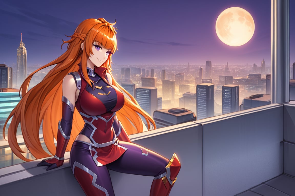 score_9, score_8_up, score_7_up, score_6_up, source_anime, 1girl, solo, maika, purple eyes, orange hair, long hair,red and purple bodysuit, elbow gloves, boots, city, roof, midnight, moon, cityscape, futuristic city, cowboy shot, very detailed, large breasts, thin waist, 4k, smirk