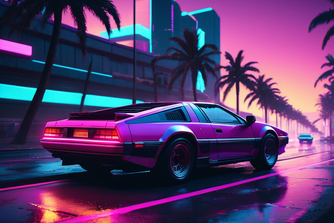 cinematic film still 80s synthwave, retro-futuristic, a classic 1980s sports car speeding around a neon-lit curve on a highway, with glowing palm trees lining the road. The scene is captured from a low-angle shot, emphasizing the sleek design and vibrant colors of the car, reflecting off the wet asphalt. The background features a neon sunset with horizontal lines, characteristic of the synthwave aesthetic, in vivid hues of pink, purple, and blue. The image is highly detailed with dramatic lighting, creating a sense of speed and motion. The artwork has a vaporwave vibe, combining retro and futuristic elements with bold, electric colors and a minimalist, sticker-like style on a white background. The atmosphere is surreal and cinematic, with sharp contrasts and intense glow effects, reminiscent of 80s digital art. This 3D render, illustration, is crafted with high resolution, capturing the essence of a synthwave cityscape in extreme detail and dynamic composition. 8k resolution with a focus on vibrant neon and striking details, evoking a nostalgic yet futuristic feel. , cyberpunk, anime, . shallow depth of field, vignette, highly detailed, high budget, bokeh, cinemascope, moody, epic, gorgeous, film grain, grainy,Old anime, Cyberpunk, Detailed