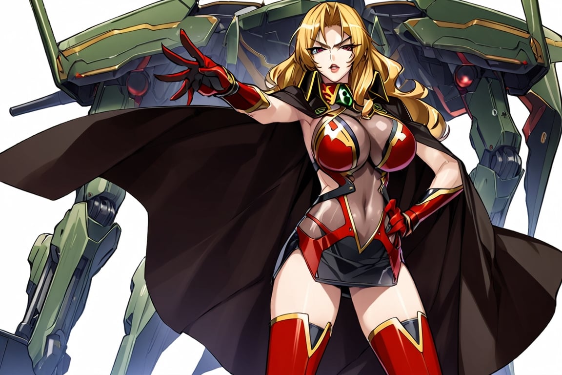 masterpiece, best quality, 1girl, AliciaViewstream, solo, general, official art, standing, contrapposto, looking at viewer, v-shaped eyebrows, outstretched arm, hand on own hip, side view, red lips, v-shaped eyebrows, see-through impossible bodysuit, alicia's thigh boots, alicia's gauntlets, high collar cape, white background, military base, mechas, day, official art, draw by mochizuki kei, AliciaViewstream, 