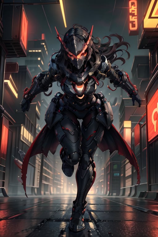  masterpiece,best quality: 1.2),(ultra-detailed face),(no headgear),Her armor glows red as the neon city lights dance across its mechanical surface. Intricate cybernetics empower her movement with inhuman speed and strength. She strides silently through theLower Sectors, the alleyways bathed in the crimson radiance of her futuristic suit. In her grip is an energized longsword, its edges humming with plasma, ready to dispense justice. She is the guardian that watches over this city, though few know her name. Criminals whisper rumors of the Crimson Knight, a cybernetically enhanced warrior sworn to protect the innocent. They speak of her inhuman reflexes and her blazing sword that cuts through any defense. How she appears from the shadows, a blur of red bringing swift judgment. Tonight her sensors have de(tected injustice brewing once more in these lawless streets. As the city sleeps, she alone stands vigilant, a silent sentinel keeping watch. Her cybernetic systems begin to target threats as she prepares to fight for those who cannot defend themselves. The Crimson Knight is ready, and justice will be dealt swiftly tonight.