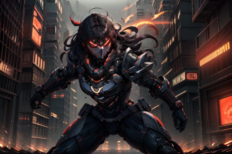  masterpiece,best quality: 1.2),(ultra-detailed face),(no headgear),Her armor glows red as the neon city lights dance across its mechanical surface. Intricate cybernetics empower her movement with inhuman speed and strength. She strides silently through theLower Sectors, the alleyways bathed in the crimson radiance of her futuristic suit. In her grip is an energized longsword, its edges humming with plasma, ready to dispense justice. She is the guardian that watches over this city, though few know her name. Criminals whisper rumors of the Crimson Knight, a cybernetically enhanced warrior sworn to protect the innocent. They speak of her inhuman reflexes and her blazing sword that cuts through any defense. How she appears from the shadows, a blur of red bringing swift judgment. Tonight her sensors have de(tected injustice brewing once more in these lawless streets. As the city sleeps, she alone stands vigilant, a silent sentinel keeping watch. Her cybernetic systems begin to target threats as she prepares to fight for those who cannot defend themselves. The Crimson Knight is ready, and justice will be dealt swiftly tonight.,HXARMOUR,Details++