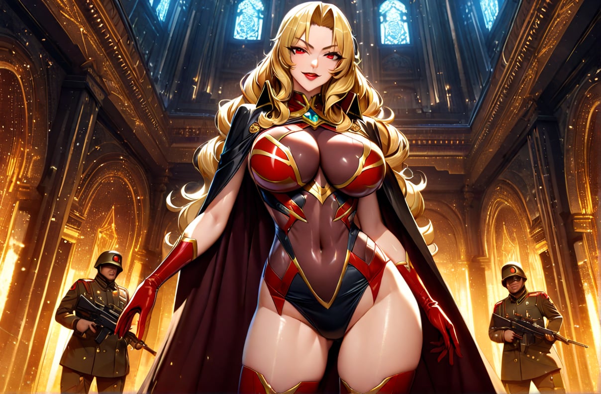 (masterpiece, best quality, ultra detailed, absurdres)1.5, 1girl, (sexy, beautiful woman, perfect face, perfect eyes, perfect female body)1.5, (, wavy hair, long hair, blonde hair, red eyes, mature female, milf, v-shaped eyebrows, red lips, extremely detailed clothes, smile, red elbow gloves, red thigh boots, red-black cape, red impossible clothes,very detailed, depth of fields。Create depth with atmospheric lighting,wide wide shot,detail,（Hyper-detailing）,（Complicated details),（High resolution CGI artwork 8k), palace, luxury, night, sci fi indoors,  windows, soldiers, night,AliciaViewstream,Expressiveh,glitter