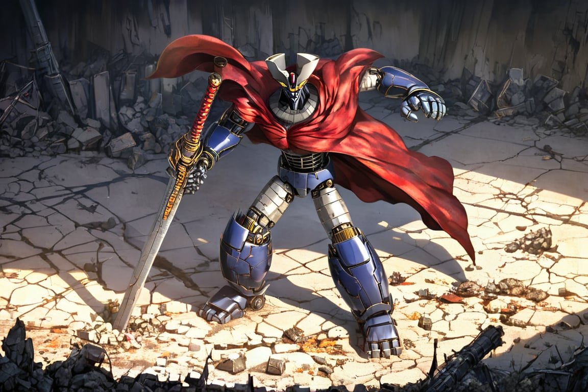 In a desolate apocalyptic landscape, Mazinger Z stands triumphantly, its mechanical body gleaming in the bright day. The super robot's face, rendered in exquisite detail, exudes determination as it grasps a massive sword with one hand and holds its cape flowing behind. Industrial decay textures and metal accents adorn its joints, giving it an imposing, battle-ready stance. Movie-like lighting casts dramatic shadows on the worn concrete terrain, where debris and ruins stretch as far as the eye can see.