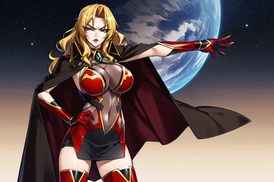 masterpiece, best quality, 1girl, AliciaViewstream, solo, general, official art, standing, contrapposto, looking at viewer, v-shaped eyebrows, outstretched arm, hand on own hip, side view, red lips, v-shaped eyebrows, see-through impossible bodysuit, alicia's thigh boots, alicia's gauntlets, high collar cape,  outer_space, mechas, day, official art, draw by mochizuki kei, AliciaViewstream, 