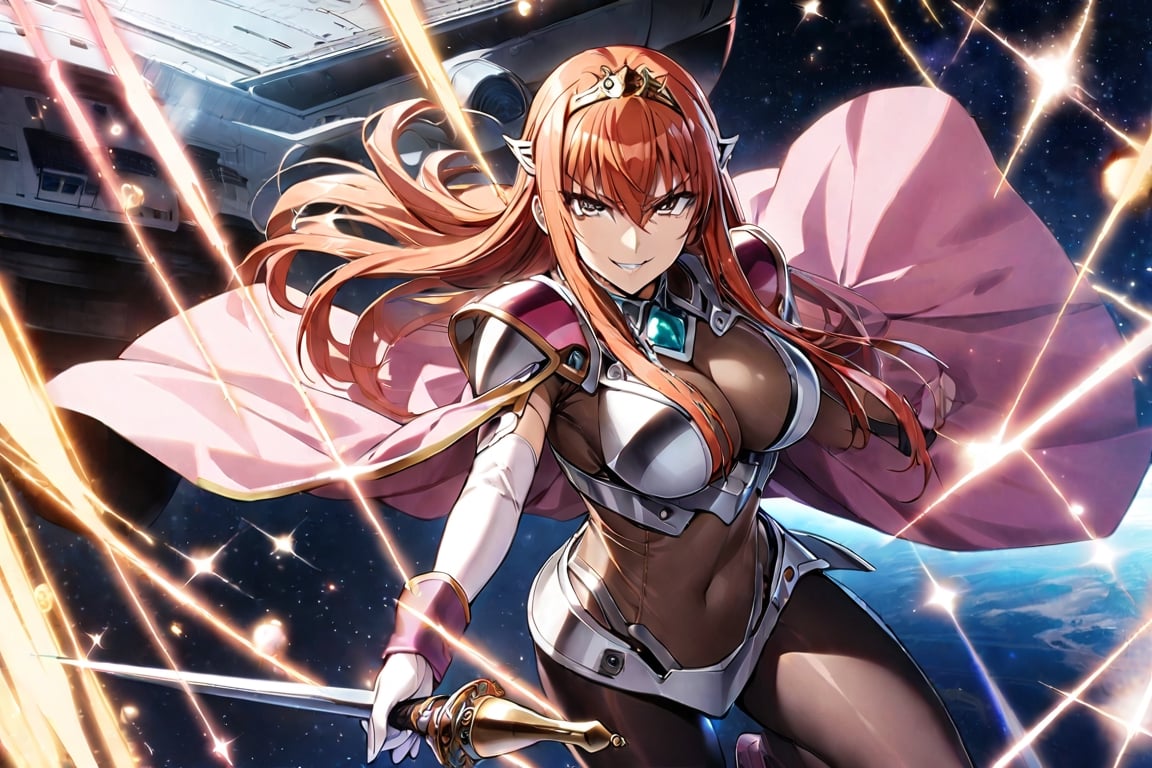 1girl, Maya Cordelia, solo, masterpiece, solo, tiara, official art, holding rapier, rapier, looking at viewer, v-shaped eyebrows, evil smile, see-through impossible bodysuit, wrist cuffs, elbow gloves, black pantyhose, pink cape, outer_space, space station, ships ,glitter