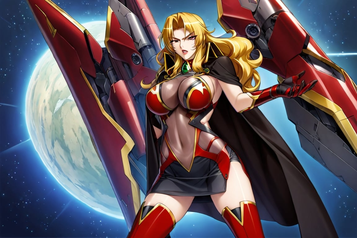 masterpiece, best quality, 1girl, AliciaViewstream, solo, general, official art,  looking at viewer, v-shaped eyebrows, red lips, see-through impossible bodysuit, alicia's thigh boots, alicia's gauntlets, high collar cape,  outer_space, mechas, official art, AliciaViewstream, ,Enhanced All