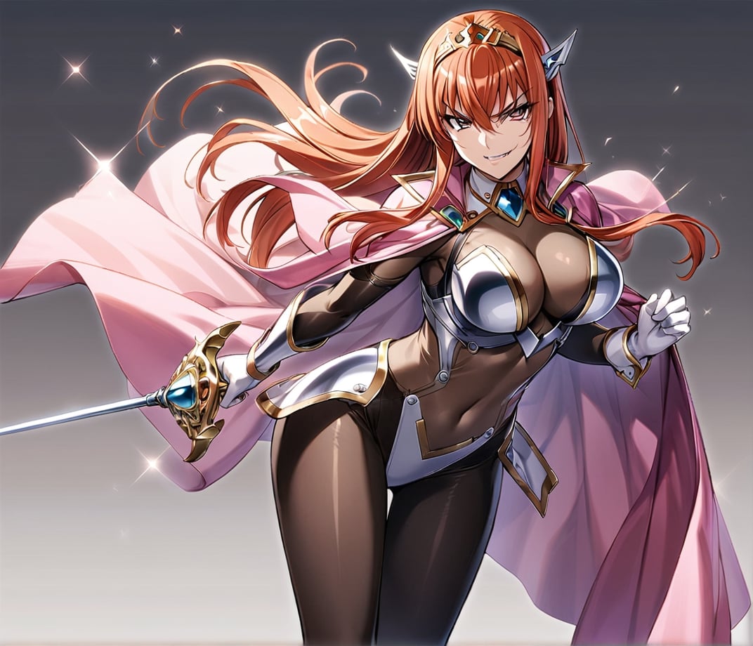 1girl, Maya Cordelia, solo, masterpiece, solo, tiara, official art, holding rapier, rapier, looking at viewer, v-shaped eyebrows, evil smile, see-through impossible bodysuit, wrist cuffs, elbow gloves, black pantyhose, pink cape, gradient background, simple background, ,glitter