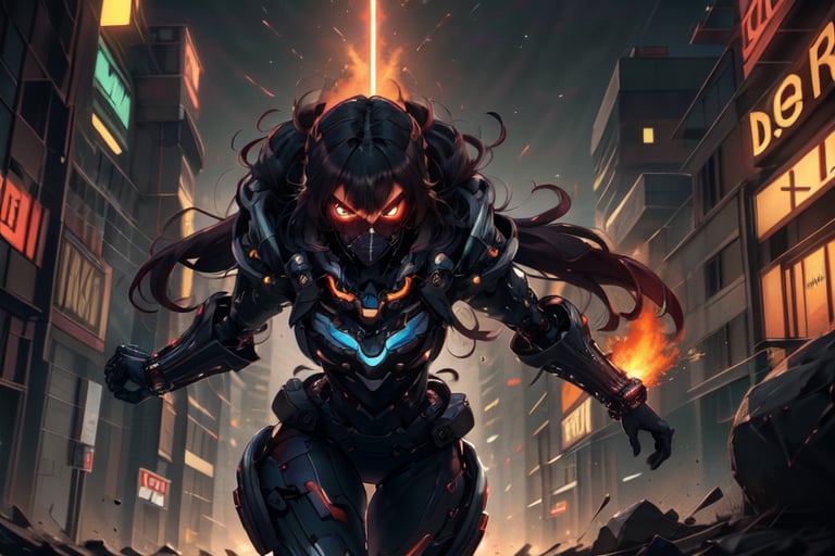  masterpiece,best quality: 1.2),(ultra-detailed face),(no headgear),Her armor glows red as the neon city lights dance across its mechanical surface. Intricate cybernetics empower her movement with inhuman speed and strength. She strides silently through theLower Sectors, the alleyways bathed in the crimson radiance of her futuristic suit. In her grip is an energized longsword, its edges humming with plasma, ready to dispense justice. She is the guardian that watches over this city, though few know her name. Criminals whisper rumors of the Crimson Knight, a cybernetically enhanced warrior sworn to protect the innocent. They speak of her inhuman reflexes and her blazing sword that cuts through any defense. How she appears from the shadows, a blur of red bringing swift judgment. Tonight her sensors have de(tected injustice brewing once more in these lawless streets. As the city sleeps, she alone stands vigilant, a silent sentinel keeping watch. Her cybernetic systems begin to target threats as she prepares to fight for those who cannot defend themselves. The Crimson Knight is ready, and justice will be dealt swiftly tonight.,HXARMOUR,Details++