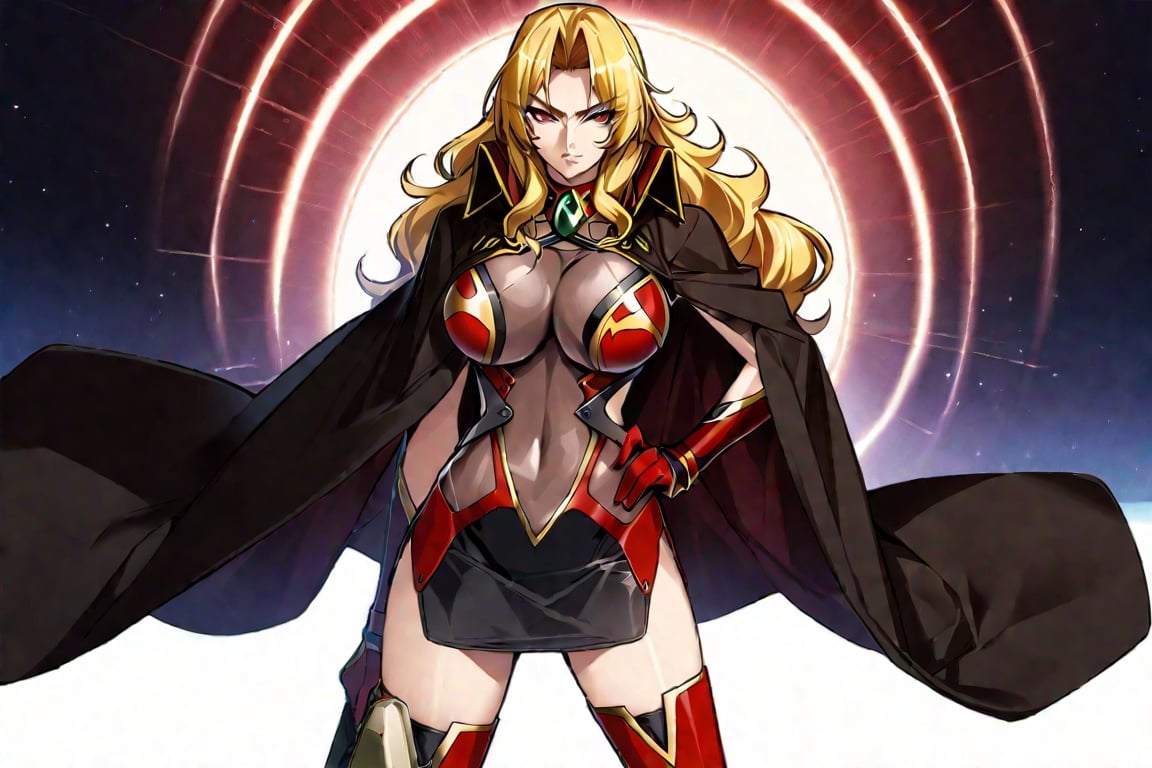 masterpiece, best quality, 1girl, AliciaViewstream, solo, general, official art, standing, contrapposto, looking at viewer, v-shaped eyebrows, outstretched arm, hand on own hip, side view, red lips, v-shaped eyebrows, see-through impossible bodysuit, alicia's thigh boots, alicia's gauntlets, high collar cape, white background, outer_space, mechas, day, official art, draw by mochizuki kei, AliciaViewstream, 