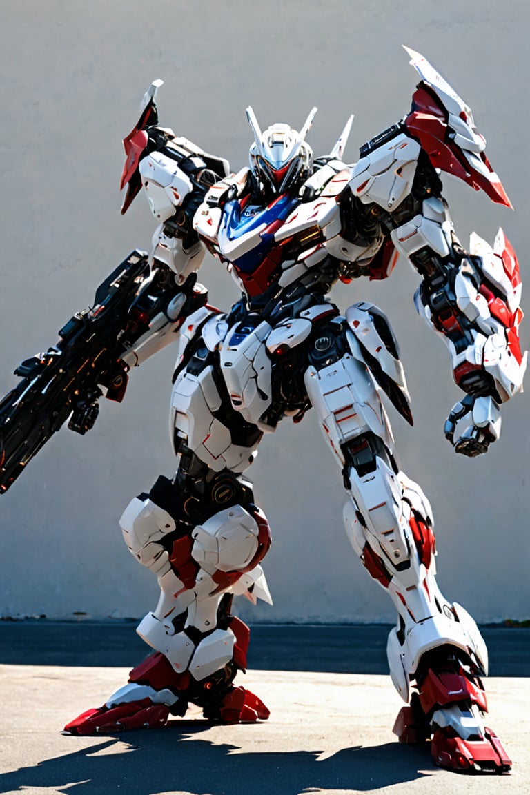 (masterpiece, best quality), humanoid Mecha, fully enclosed shoulder guards, matching arm and leg guards, full body, full armor, the design balances heavy with agility, (the color scheme is primarily white with red and blue accents, the concept Inspired by Super robot, organic biotech armor, standing, floating high above the futuristic sci-fi city), exquisite and mature art style, (aura effect, energy, glowing eyes, the armor glows), metallic, dramatic, high definition, highres, ultra-detailed, ultra-fine painting, professional, perfect body proportions, anatomically correct, symmetrical face, extremely detailed eyes and face, high quality eyes, creativity, RAW photo, UHD, 32k, Natural light, cinematic lighting, masterpiece-anatomy-perfect