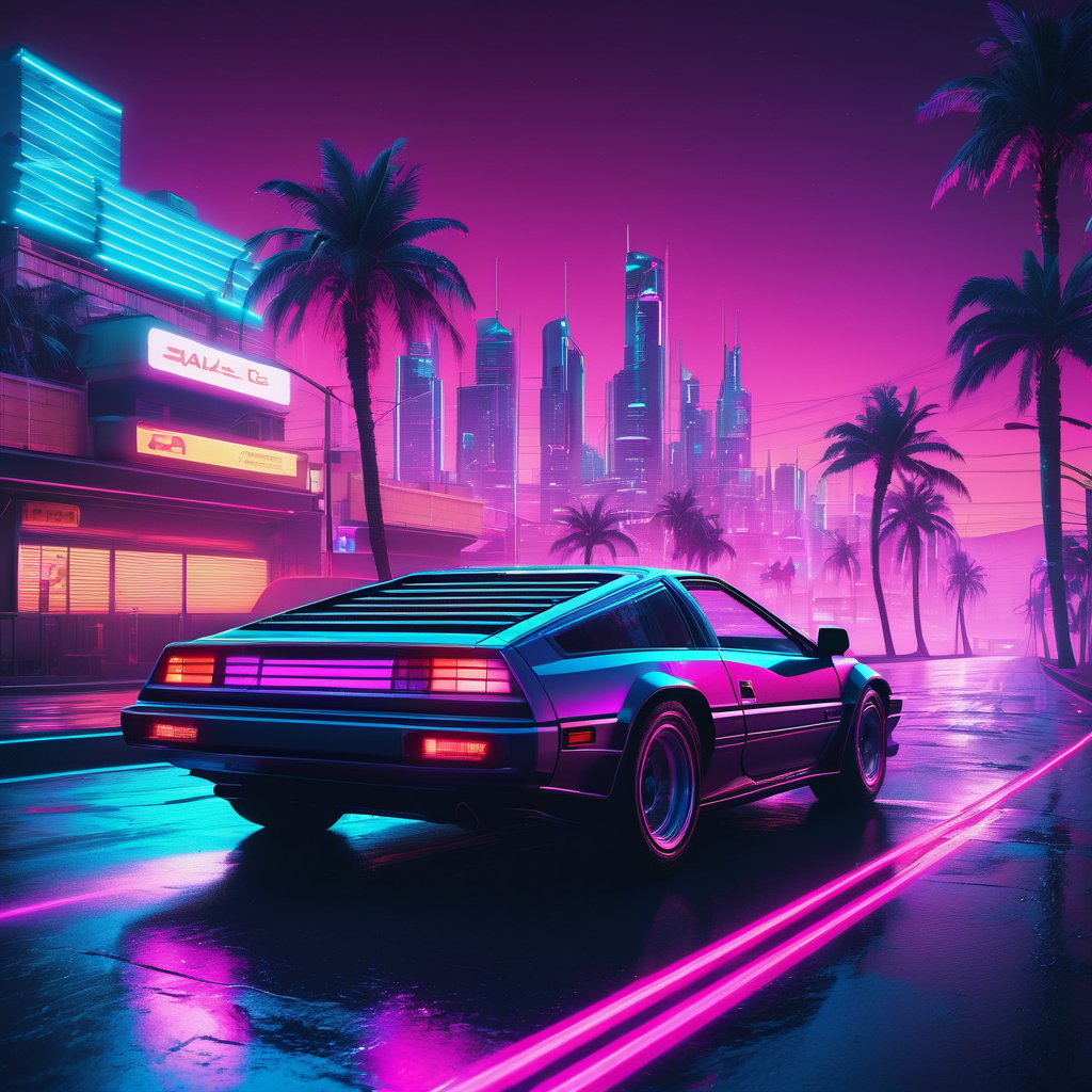 cinematic film still 80s synthwave, retro-futuristic, a classic 1980s sports car speeding around a neon-lit curve on a highway, with glowing palm trees lining the road. The scene is captured from a low-angle shot, emphasizing the sleek design and vibrant colors of the car, reflecting off the wet asphalt. The background features a neon sunset with horizontal lines, characteristic of the synthwave aesthetic, in vivid hues of pink, purple, and blue. The image is highly detailed with dramatic lighting, creating a sense of speed and motion. The artwork has a vaporwave vibe, combining retro and futuristic elements with bold, electric colors and a minimalist, sticker-like style on a white background. The atmosphere is surreal and cinematic, with sharp contrasts and intense glow effects, reminiscent of 80s digital art. This 3D render, illustration, is crafted with high resolution, capturing the essence of a synthwave cityscape in extreme detail and dynamic composition. 8k resolution with a focus on vibrant neon and striking details, evoking a nostalgic yet futuristic feel. , cyberpunk, anime, . shallow depth of field, vignette, highly detailed, high budget, bokeh, cinemascope, moody, epic, gorgeous, film grain, grainy,Old anime, Cyberpunk, Detailed