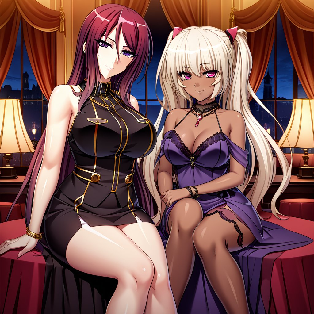 BeatriceKushan, KilaKushan, 2girls,side-by-side, very detailed eyes, party dress, female dress, bare shoulders, sleeveles, bare shoulders, short skirt, jewelery, high heels, pink hairclip, sitting, on chair, table, indoors, ballroom, luxury interiors, windows, height difference, dark-skinned female, looking at viewer, smile, masterpiece, best quality, very aesthetic,  Create depth with atmospheric lighting,wide wide shot,detail,（Hyper-detailing),（Complicated details),（High resolution CGI artwork 8k), night,cuddling,gold chain,jewelry,purple dress,cleavage,score_8_up,score_7_up,gem,side slit