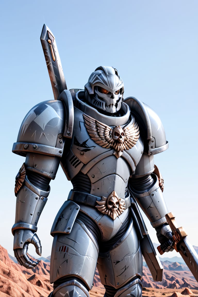 Masterpiece,,primaris helmet, grey armor, Grey Knight armor, silver skull armor,  high quality, 4k, very detailed, alien planet, sky, cowboy shot, shoulder_armour,warhammer style,holding power sword