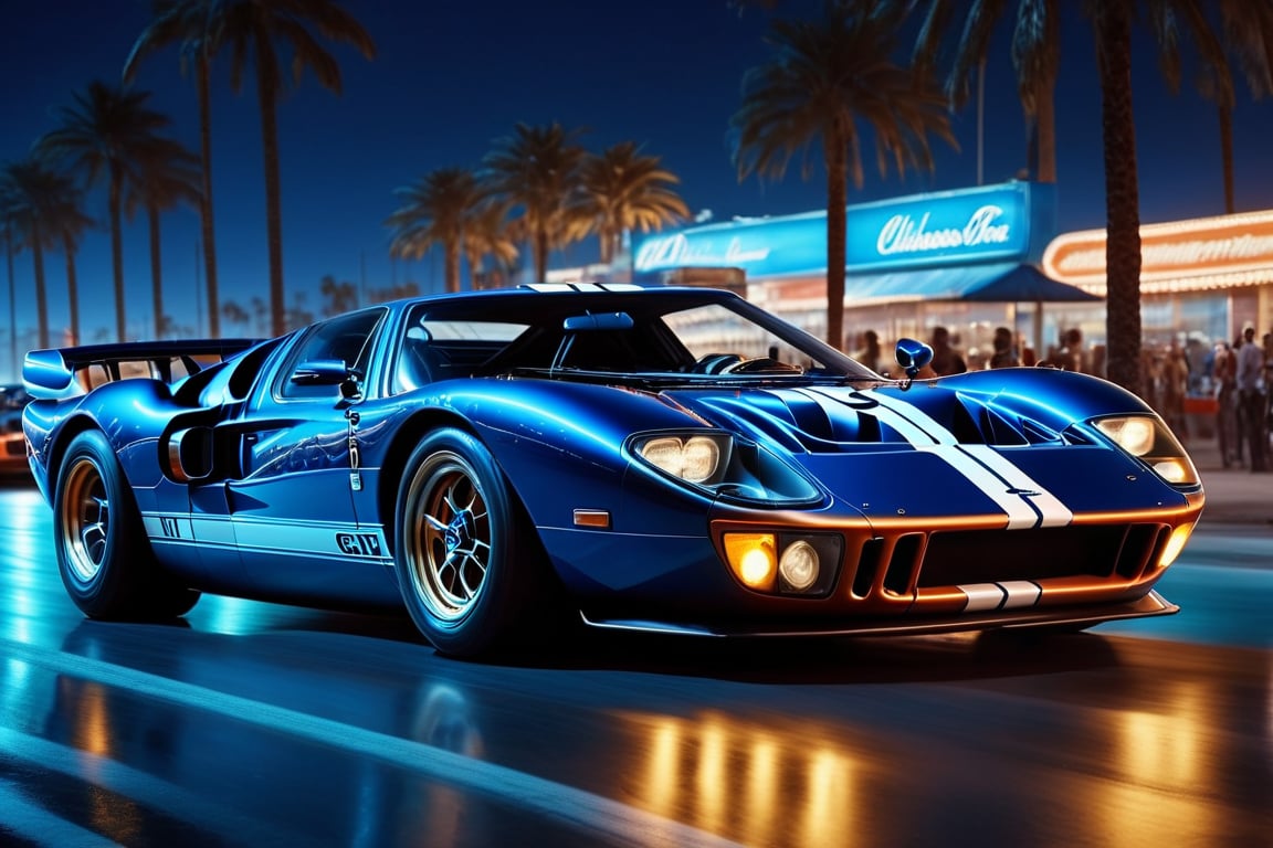 ((ClassicSportsCar )), 80´s sport car, gleaming midnight blue, Ford GT 40, palm trees, seaside, cityscape, at dawn, neon lights, 4K, highly detailed, (((stylish grainy analog 35mm film photo))),  racing, race track, crowd, ClassicSportsCar, mad-vprw,neon photography style