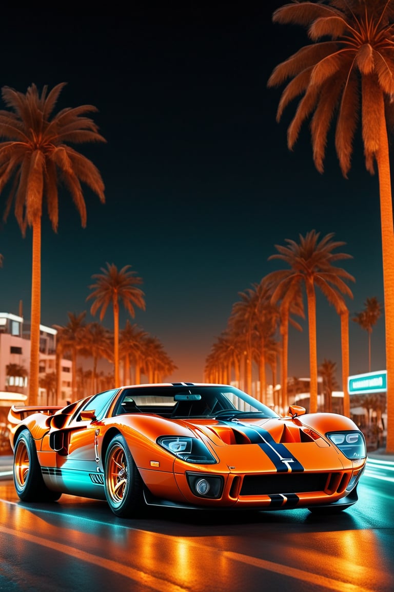 ((ClassicSportsCar )), 80´s sport car, gleaming orange Ford GT 40, palm trees, seaside, cityscape, at dawn, neon lights, 4K, highly detailed, (((stylish grainy analog 35mm film photo))), ClassicSportsCar, mad-vprw,neon photography style