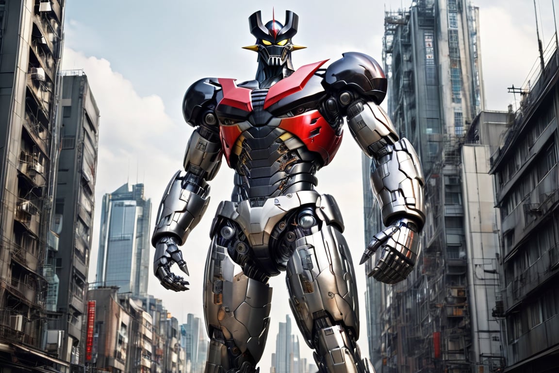 giant mecha, ((mazinger z)), oudoors (a composite layered chest armor), fully enclosed shoulder guards, matching arm and leg guards, the belt is adorned with Z mark, (the color scheme is primarily white with red and black accents), the design balances heavy with agility, a high-tech bio-mecha armor, (Armor Concept Inspired by Mazinger Z, stand on the top of a skyscraper in a futuristic sci-fi city), this character embodies a finely crafted fantasy-surreal style armored hero in anime style, exquisite and mature manga art style, (battle damage, element, plasma, energy, the armor glows), ((male:1.5)), metallic, real texture material, dramatic, high definition, best quality, highres, ultra-detailed, ultra-fine painting, extremely delicate, professional, perfect body proportions, golden ratio, anatomically correct, symmetrical face, extremely detailed eyes and face, high quality eyes, creativity, RAW photo, UHD, 32k, Natural light, cinematic lighting, masterpiece-anatomy-perfect, masterpiece:1.5,TR mecha style,science fiction