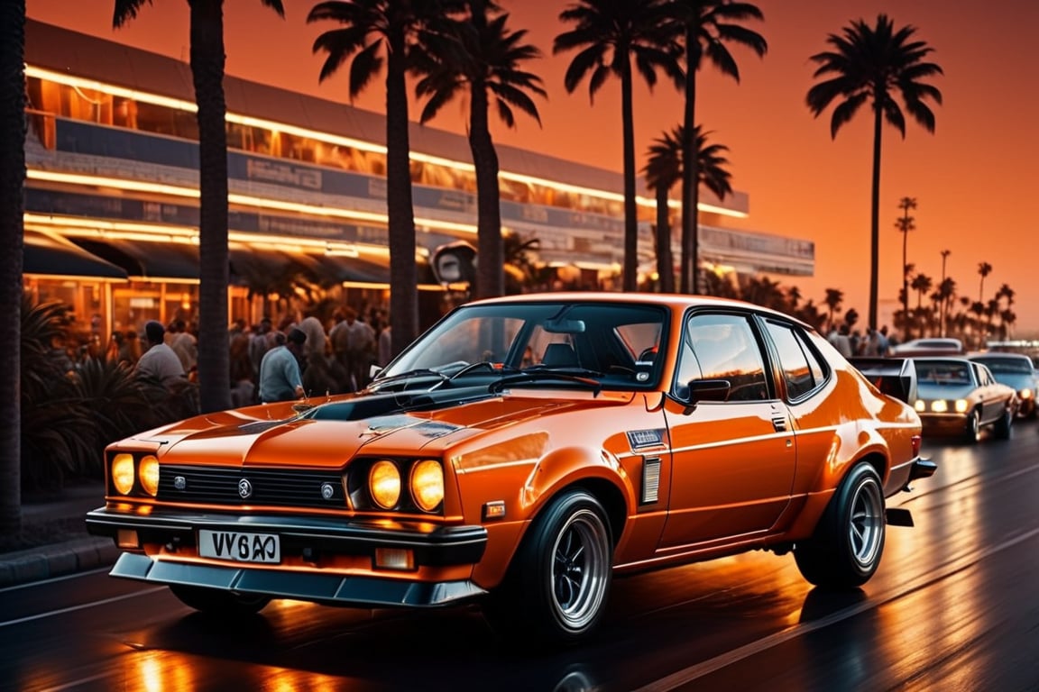 ((ClassicSportsCar )), 80´s sport car, gleaming orange, 1976 Holden Torana V8, palm trees, seaside, cityscape, at dawn, neon lights, 4K, highly detailed, (((stylish grainy analog 35mm film photo))),  racing, race track, crowd, ClassicSportsCar, mad-vprw,neon photography style